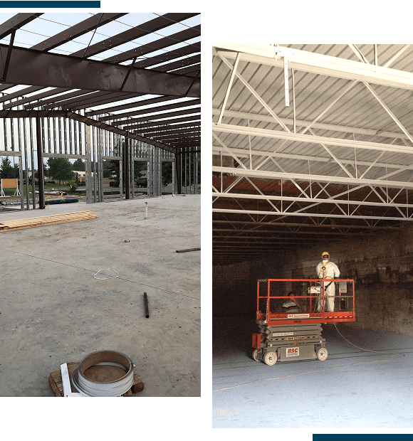 Construction site showing beams and concrete work in progress.